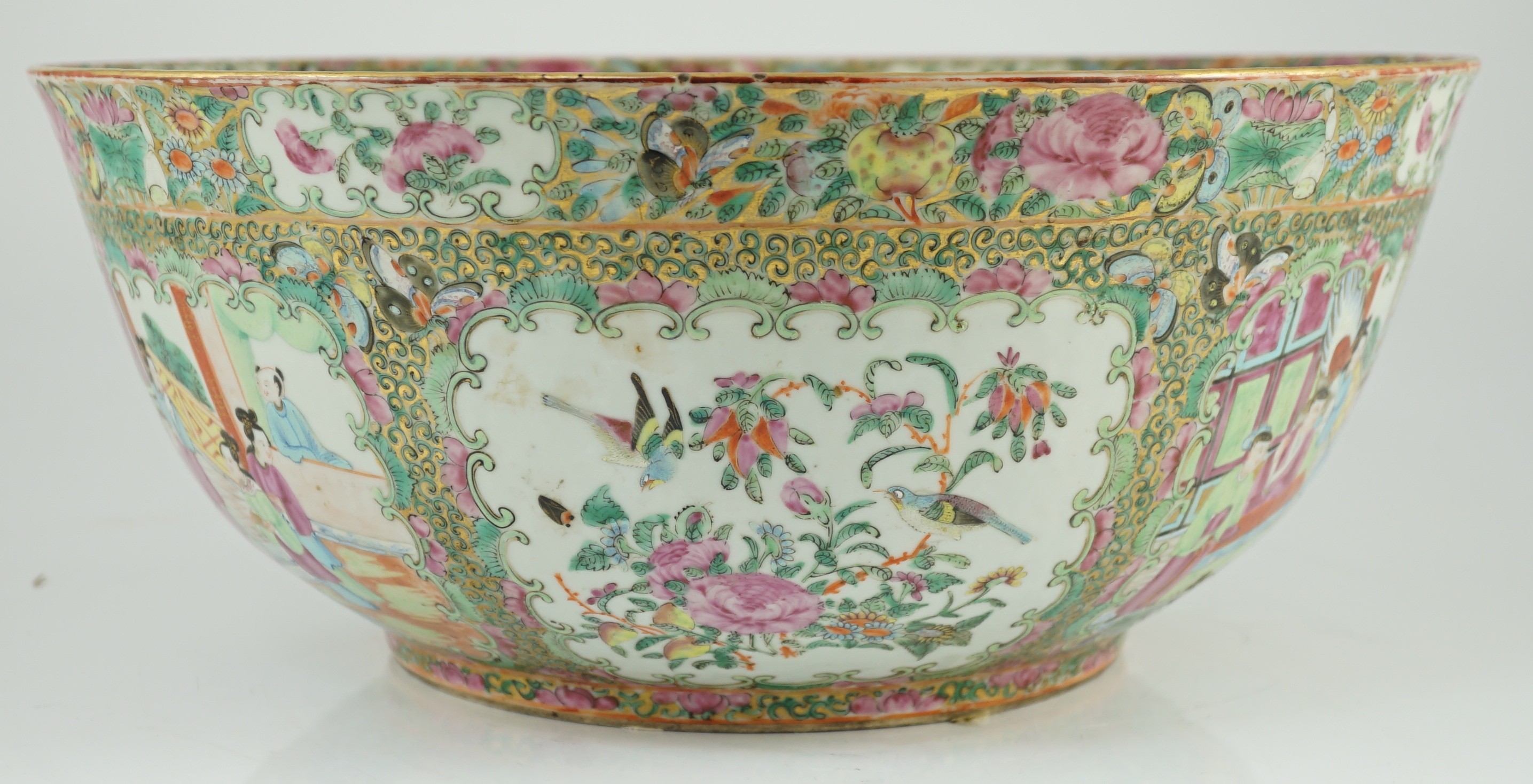 A large Chinese Canton (Guangzhou) decorated famille rose bowl, c.1830-50, 39.2cm diameter